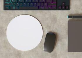 Blank and white, round computer mouse pad on the desk at home. Mousepad mockup. Copy space for your picture or text. Empty mouse mat ready for your design. Mock up, template. 3D render. photo