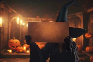 Witch holding blank old paper, mystical atmosphere. Copy space for your text. Halloween background with empty space. Happy Halloween. Generative AI. photo