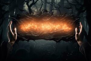 Witch's hands and blank plate, mystical atmosphere. Copy space for your text. Halloween background with empty space. Happy Halloween. Generative AI. photo