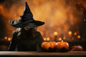Witch, mystical light. Copy space for your text. Halloween background with empty space. Happy Halloween. Generative AI. photo