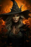 Beautiful witch portrait. Close uo view. Happy Halloween. Young, mystical woman. Trick or treat. Vertical picture. Generative AI. photo