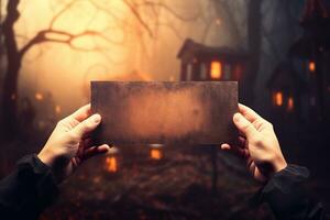 Witch's hands holding blank old paper, mystical atmosphere. Copy space for your text. Halloween background with empty space. Happy Halloween. Generative AI. photo