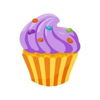 A cupcake with purple frosting and colorful sprinkles. Sweet holiday baked goods. Vector illustration.