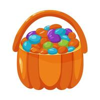 A pumpkin filled with candy beans. Halloween basket with sweets. Vector illustration.