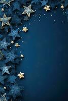 Blue Christmas background with snowflakes, stars and empty space. Copy space for your text. Merry Xmas, Happy New Year. Vertical festive backdrop. Generative AI. photo
