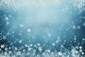 Blue Christmas background with snowflakes and empty space. Copy space for your text. Merry Xmas, Happy New Year. Festive backdrop. Generative AI. photo