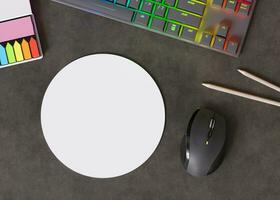 Blank and white, round computer mouse pad on the desk at home. Mousepad mockup. Copy space for your picture or text. Empty mouse mat ready for your design. Mock up, template. 3D render. photo