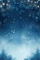 Blue Christmas background with snowflakes and empty space. Copy space for your text. Merry Xmas, Happy New Year. Vertical festive backdrop. Generative AI. photo