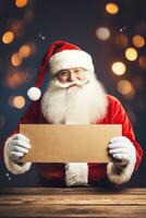 Santa's hands holding blank paper, festive atmosphere. Copy space for your text. Christmas background with empty space. Santa Claus. Merry Xmas, New Year. Generative AI. photo