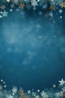 Blue Christmas background with snowflakes and empty space. Copy space for your text. Merry Xmas, Happy New Year. Vertical festive backdrop. Generative AI. photo