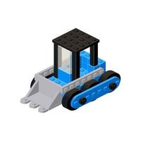 Isometric mini excavator. Toy made of plastic blocks. Pixel art. Vector illustration