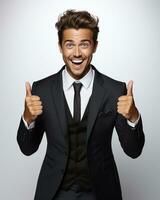 Ai generative photo business concept portrait of excited man dressed in formal wear giving thumbs up