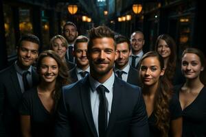 Ai Generative group of happy business man and business women, dressed in suits are smiling, in the office photo