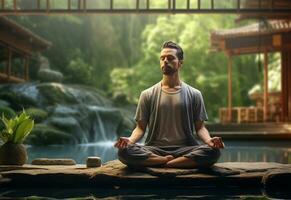 ai generative photo of a man practicing mindfulness and meditation in a peaceful natural environment sony A7s realistic image, ultra hd, high design very detailed