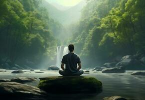 ai generative photo of a man practicing mindfulness and meditation in a peaceful natural environment sony A7s realistic image, ultra hd, high design very detailed