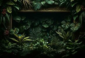 Ai Generative Beautiful jungle background with border made of tropical leaves backdrop with copy space photo