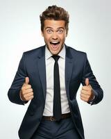 Ai generative photo business concept portrait of excited man dressed in formal wear giving thumbs up