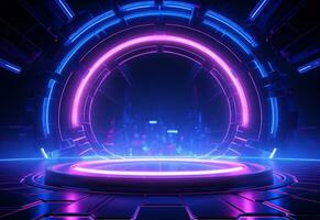 Ai Generative Neon illuminated futuristic backdrop realistic image, ultra hd, high design very detailed photo