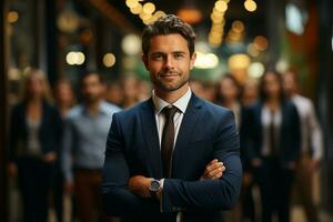 ai generativo grupo de contento negocio hombre y negocio mujer, vestido en trajes son sonriente, en el oficina foto