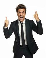 Ai generative photo business concept portrait of excited man dressed in formal wear giving thumbs up