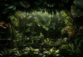 Beautiful jungle background with border made of tropical leaves backdrop with copy space photo