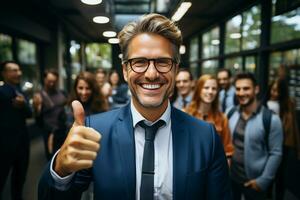 Ai Generative group of happy business man and business women, dressed in suits are smiling, in the office photo