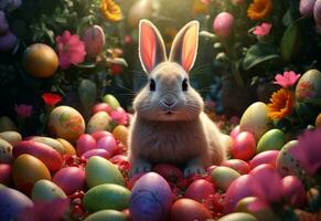 Ai generative photo happy bunny with many easter eggs on grass festive background for decorative design