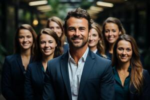 Ai Generative group of happy business man and business women, dressed in suits are smiling, in the office photo