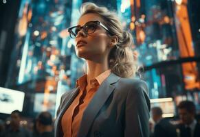 Ai generative Double Exposure of a Business women in the Cityscape Embodies Success and Future Plans realistic photo