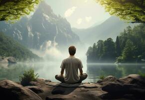 ai generative photo of a man practicing mindfulness and meditation in a peaceful natural environment sony A7s realistic image, ultra hd, high design very detailed