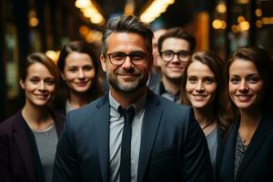 ai generativo grupo de contento negocio hombre y negocio mujer, vestido en trajes son sonriente, en el oficina foto