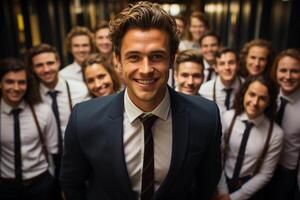 Ai Generative group of happy business man and business women, dressed in suits are smiling, in the office photo
