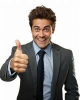 Ai generative photo business concept portrait of excited man dressed in formal wear giving thumbs up