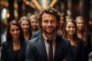 Ai Generative group of happy business man and business women, dressed in suits are smiling, in the office photo