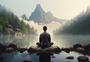 ai generative photo of a man practicing mindfulness and meditation in a peaceful natural environment sony A7s realistic image, ultra hd, high design very detailed