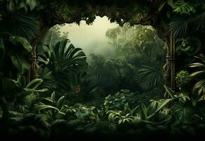 Ai Generative Beautiful jungle background with border made of tropical leaves backdrop with copy space photo