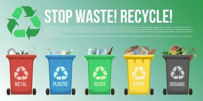 Waste management vector illustration. Stop waste recycle grbage sorting banner with copy space