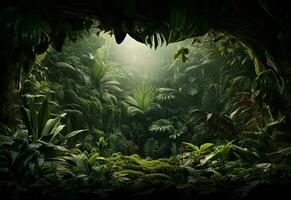 Ai Generative Beautiful jungle background with border made of tropical leaves backdrop with copy space photo