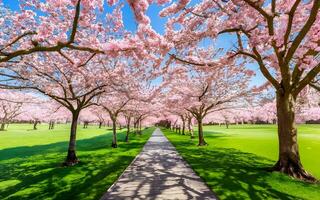 Blossoms of Spring, A Mesmerizing Portrait of a Flourishing Cherry Blossom Tree in Full Bloom. AI Generated photo