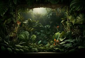 Beautiful jungle background with border made of tropical leaves backdrop with copy space photo