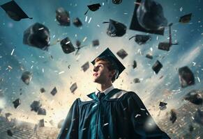 Ai generative Double exposure photo of Young man throwing graduation cap technology background realistic image