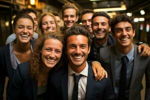 ai generativo grupo de contento negocio hombre y negocio mujer, vestido en trajes son sonriente, en el oficina foto