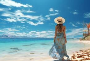 Ai generative young tourist woman in summer dress and hat standing on beautiful sandy beach. Cute girl enjoying photo