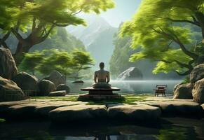 ai generative photo of a man practicing mindfulness and meditation in a peaceful natural environment sony A7s realistic image, ultra hd, high design very detailed