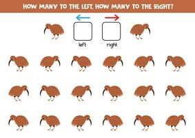 Left or right with cute cartoon kiwi bird. Logical worksheet for preschoolers. vector