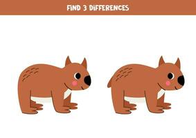 Find 3 differences between two cute cartoon wombat. vector