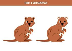 Find 3 differences between two cute cartoon quokka. vector