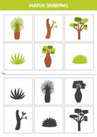 Find shadows of cute Australian trees. Cards for kids. vector