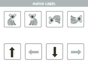 Left, right, up or down. Spatial orientation with cute koala. vector