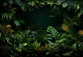 Ai Generative Beautiful jungle background with border made of tropical leaves backdrop with copy space photo